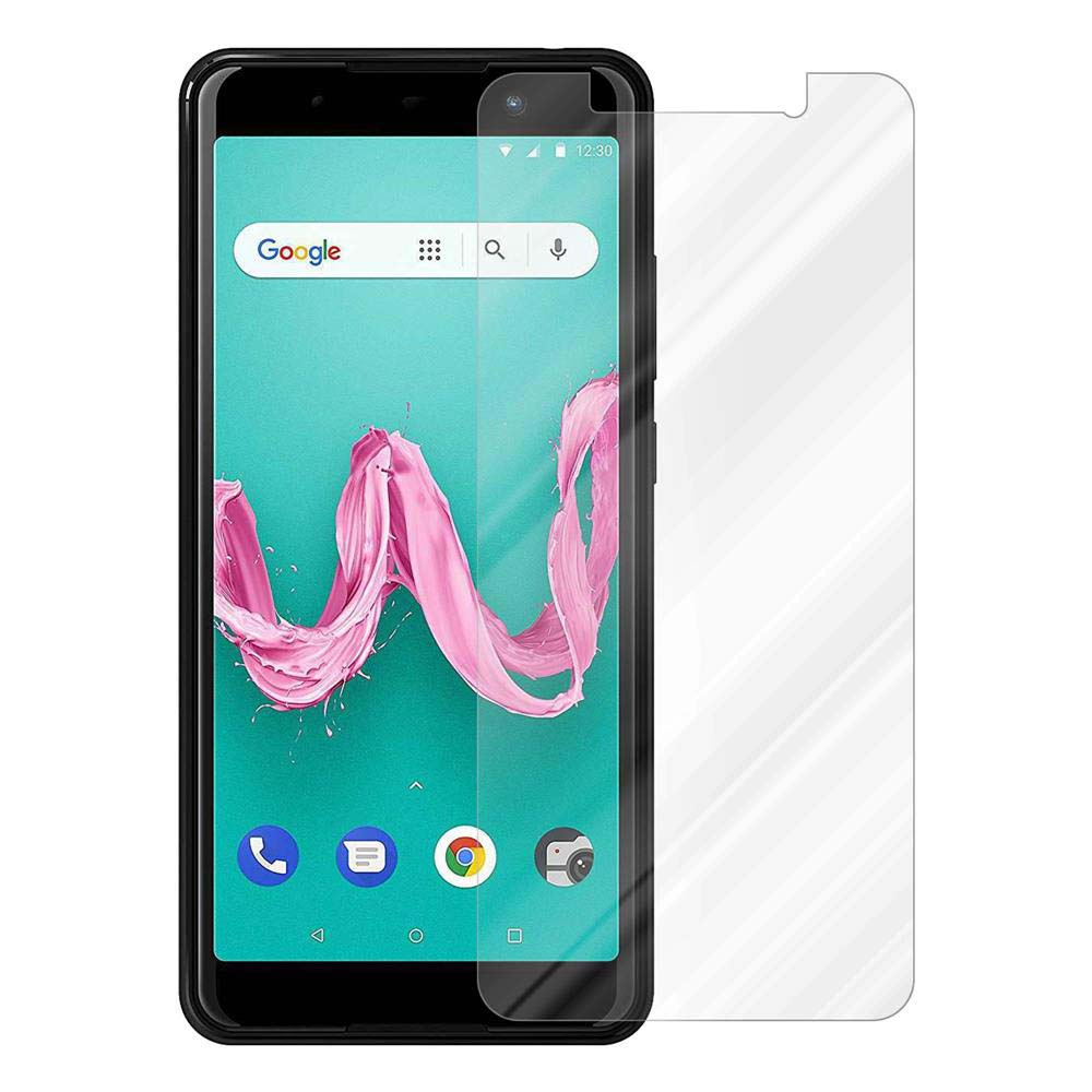 Telefono con protezione schermo. Lo schermo mostra un logo W. Il telefono è bianco.
