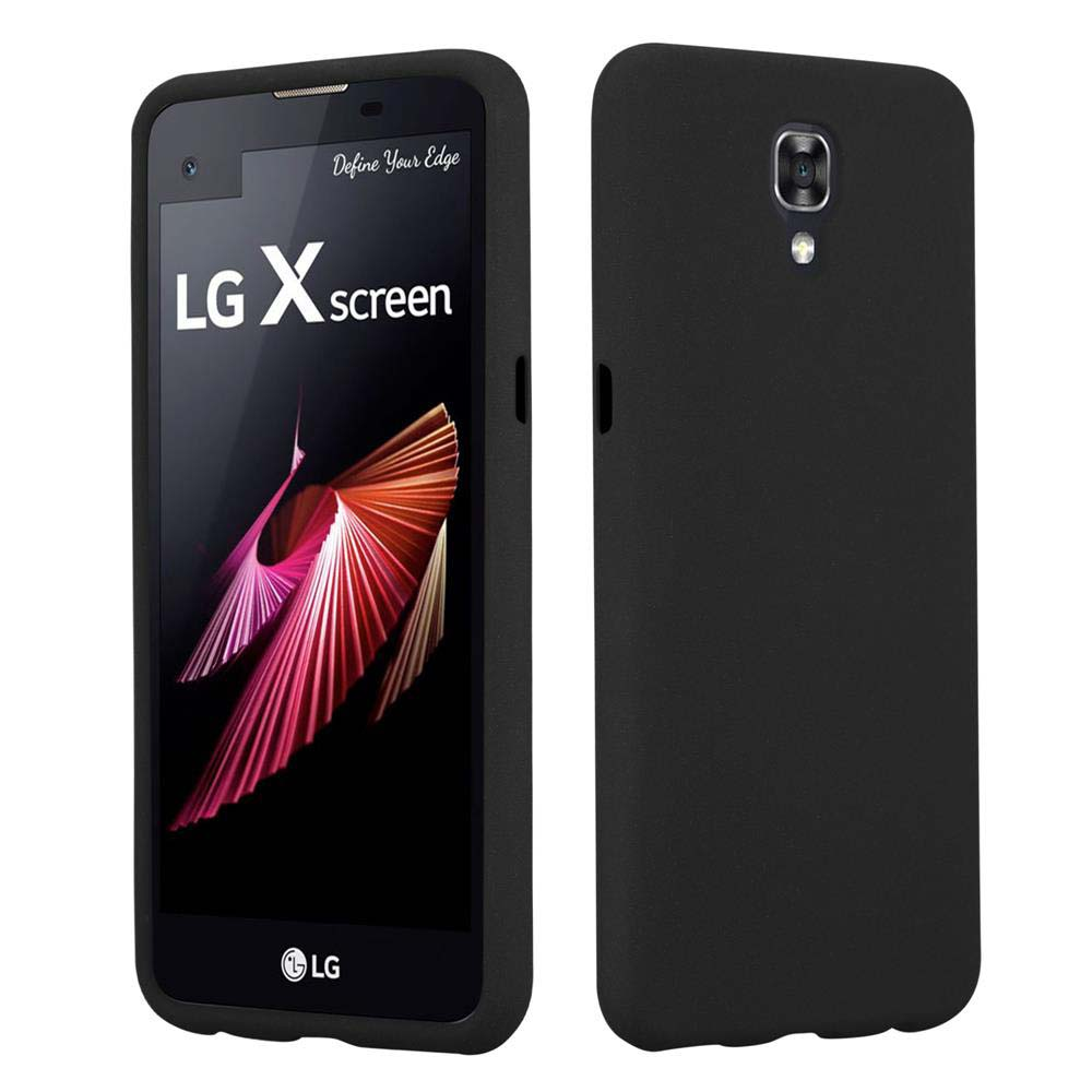 Telefono nero LG X screen, fronte e retro. Il fronte mostra lo schermo, il retro la fotocamera.