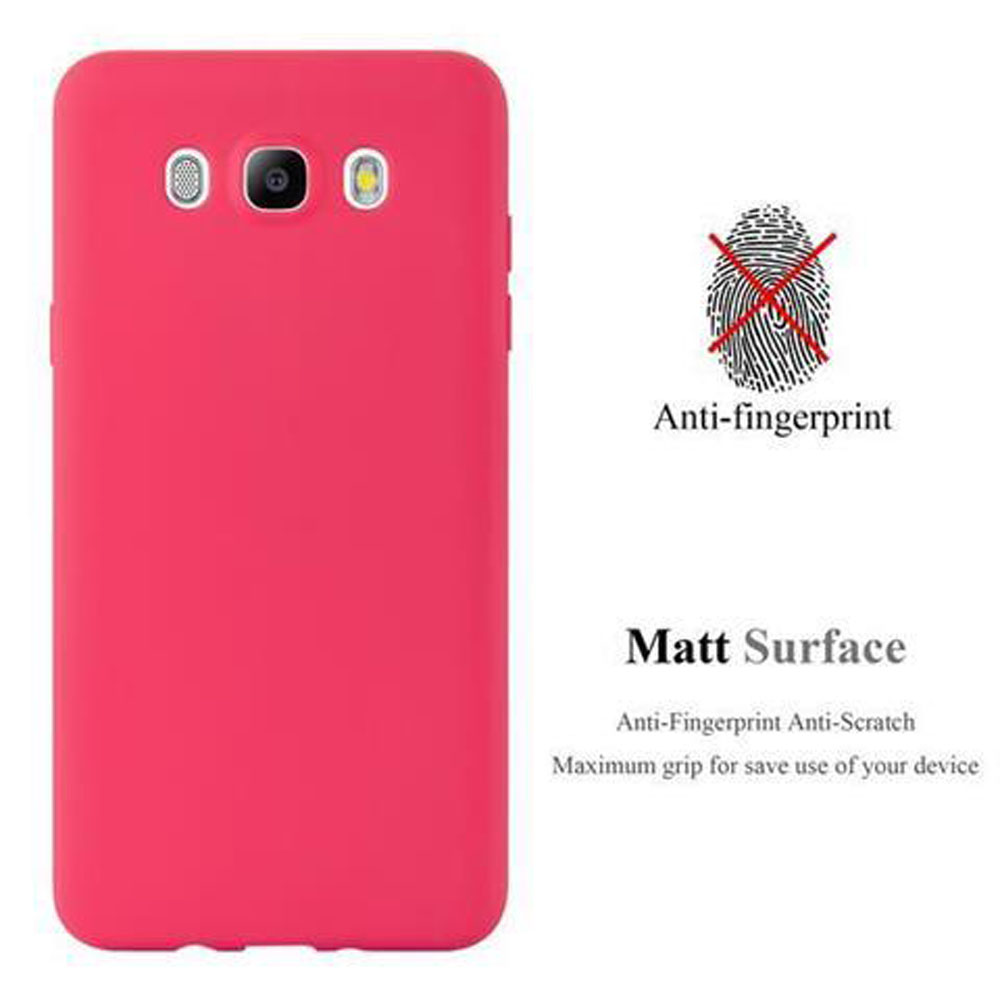 Custodia rossa per telefono accanto a logo e testo anti-impronte.
