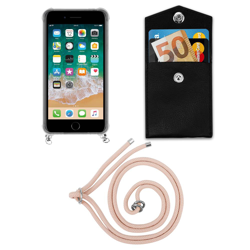 Telefono, portafoglio e cordino rosa. Il telefono ha uno schermo. Il portafoglio ha carte. Il cordino è arrotolato.