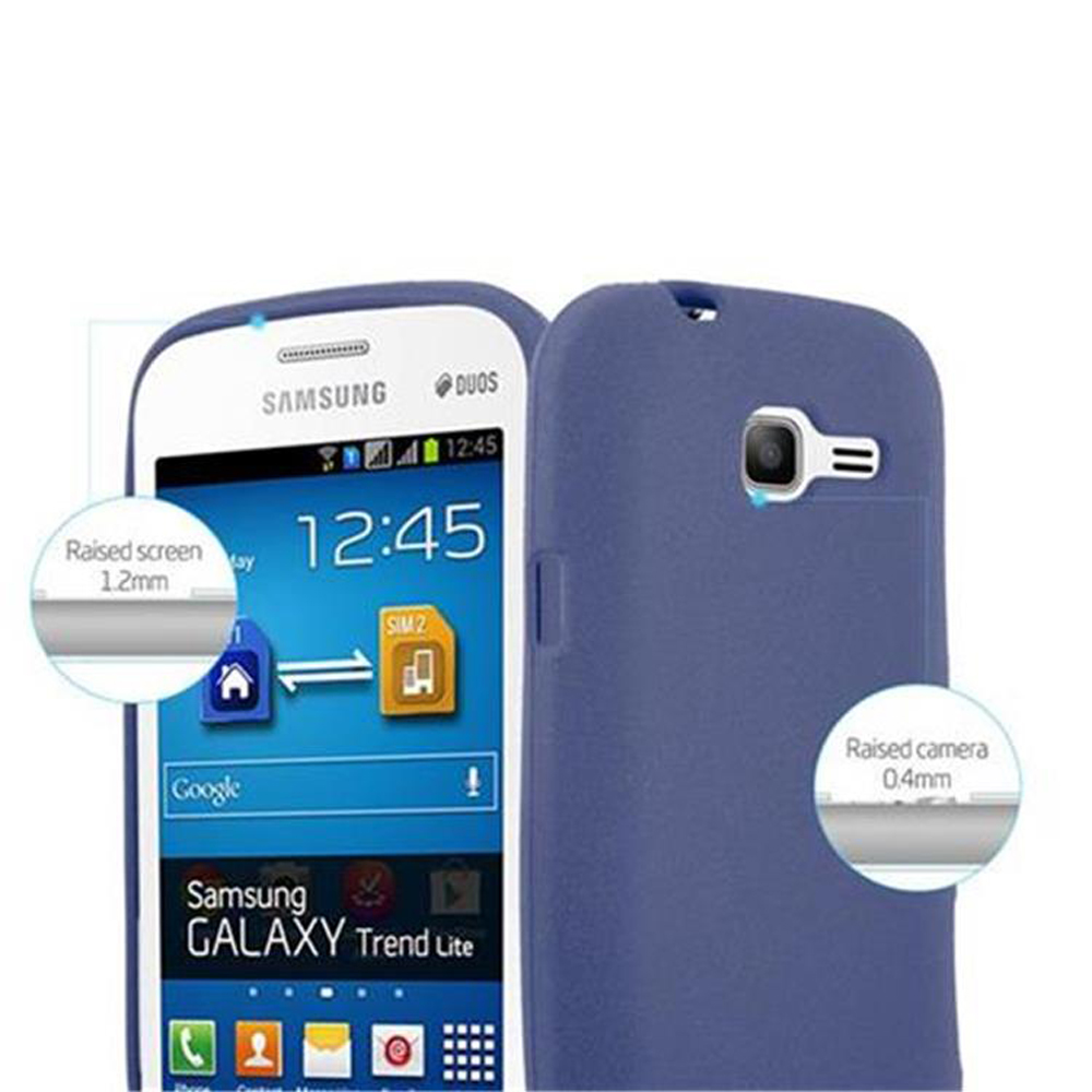 Dos fundas azules con pantalla de teléfono mostrando hora e iconos de apps, con pantalla y cámara elevadas.