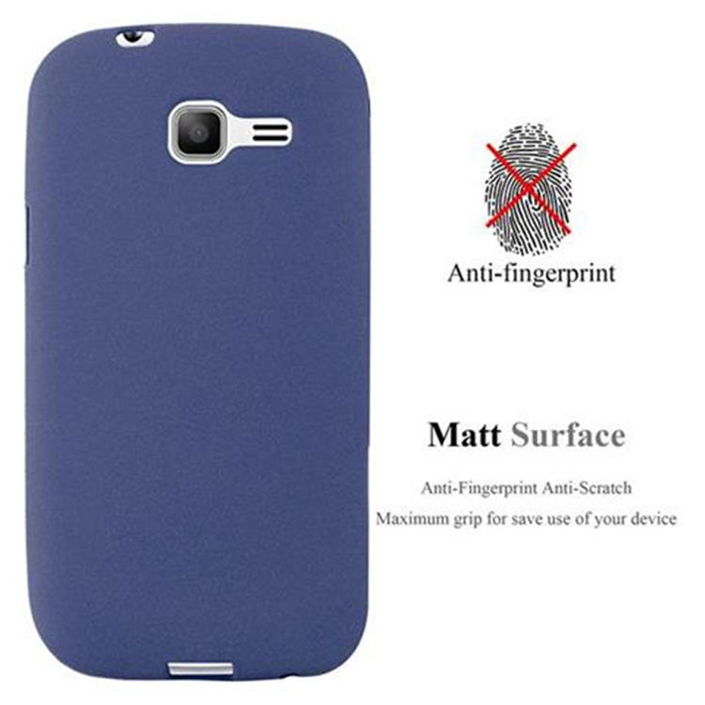 Una funda azul para teléfono. Texto: 'Anti-fingerprint, Matt Surface'.