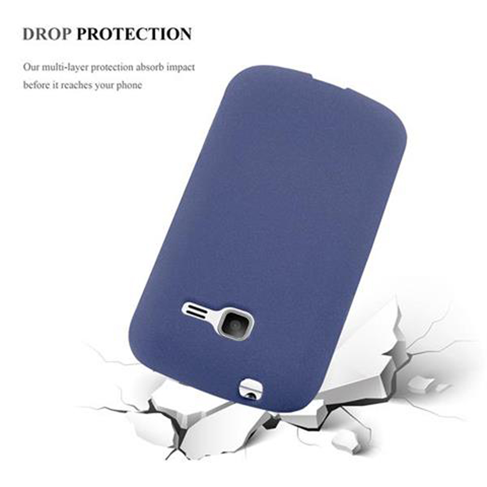 Funda de teléfono azul sobre una superficie blanca, que demuestra la protección contra caídas.