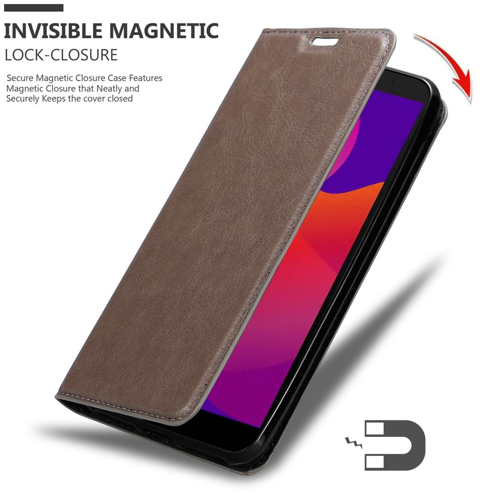 Custodia per telefono marrone, aperta per rivelare il telefono, con chiusura magnetica.