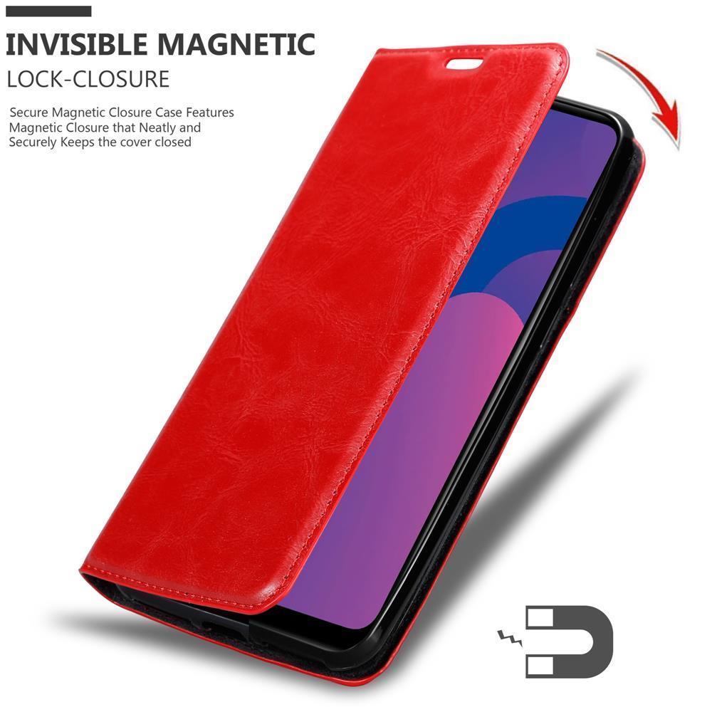 Rote Handyhülle mit Telefon. Weißer Hintergrund. Text: 'Invisible Magnetic Lock-Closure'.