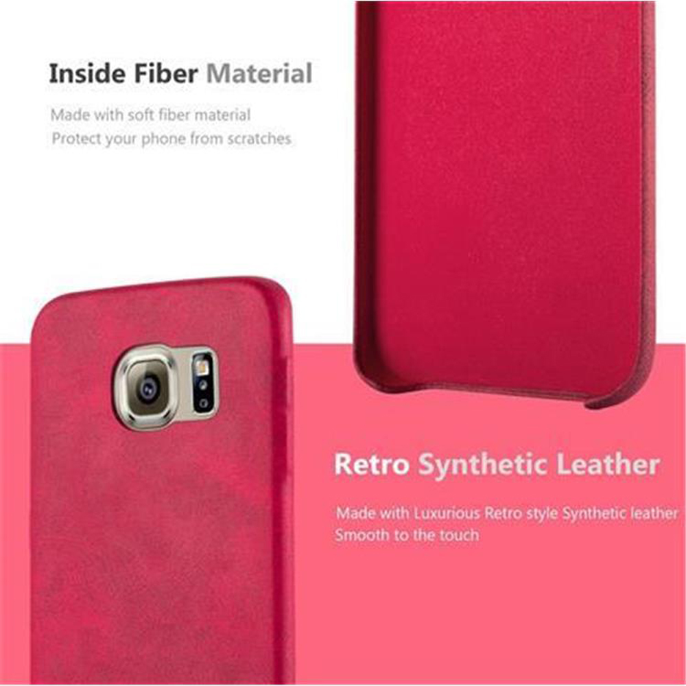 Parti di custodia per telefono rosse. Mostra materiale in fibra interna e similpelle retrò. Il testo lo descrive.
