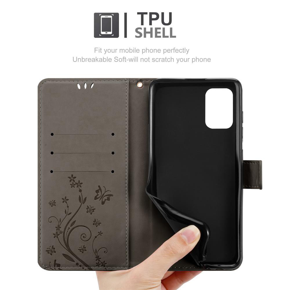 Mano che tiene un telefono in una custodia grigia. Design floreale. Guscio in TPU mostrato.