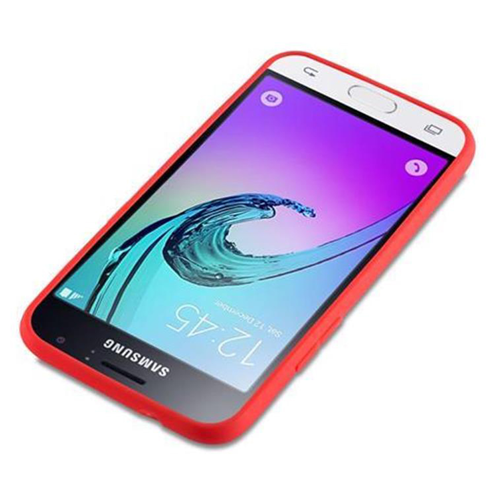 Custodia rossa per telefono con un telefono all'interno. Il telefono ha uno schermo. Sfondo bianco.