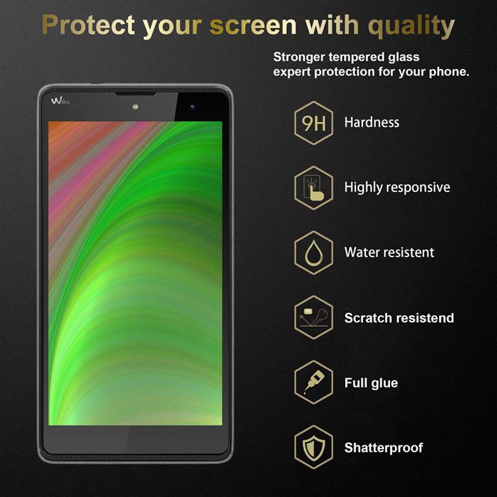 Un telefono con protezione per lo schermo e testo sulle sue caratteristiche. Il telefono ha uno sfondo verde e marrone.