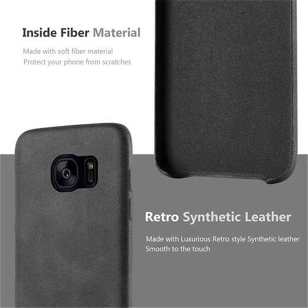 Funda negra para teléfono con orificio para cámara y fondo gris oscuro con texto.