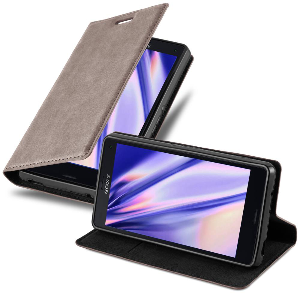 Funda de cuero gris abierta, mostrando un teléfono dentro. El teléfono muestra la palabra SONY.
