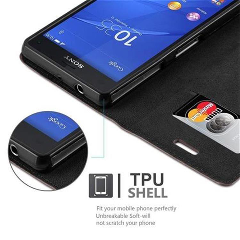 Un teléfono está dentro de una funda, mostrando la pantalla. Una tarjeta de crédito es visible en un bolsillo.