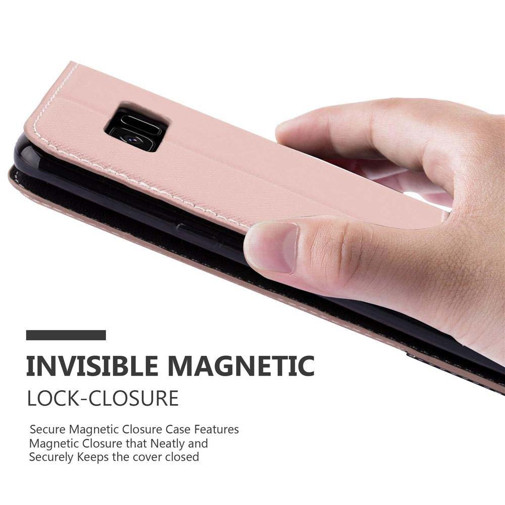 Rosa Handyhülle mit Telefon, Hand hält sie. Unsichtbarer Magnetverschluss.