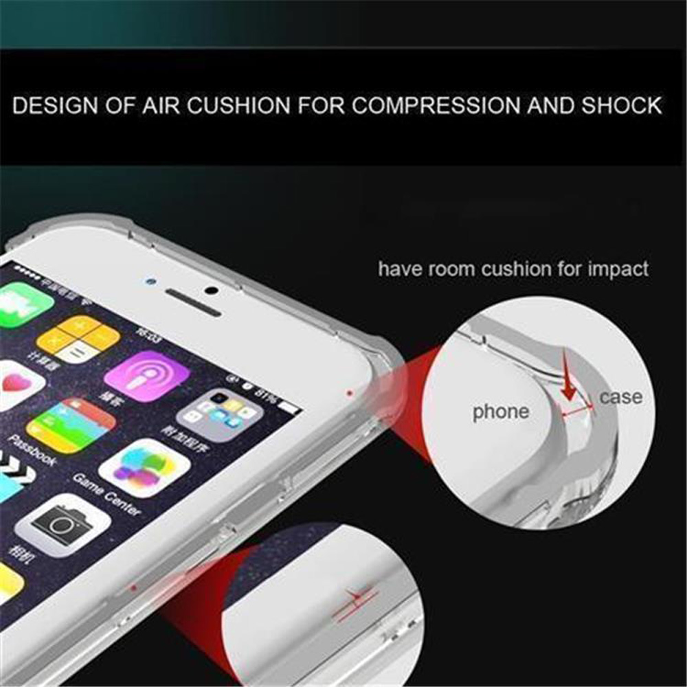Telefono bianco con custodia trasparente, testo che indica il design a cuscino d'aria per compressione.