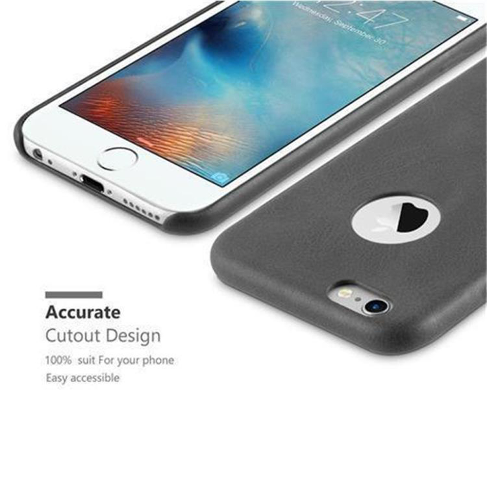 Telefono all'interno di una custodia grigia. La custodia ha un design ritagliato, facile da accedere.