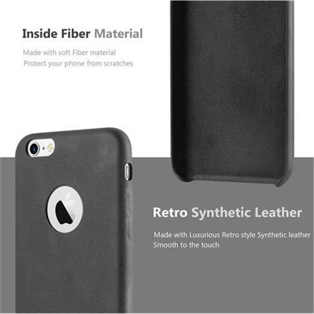Custodia nera per telefono con logo Apple. Il testo dice 'Inside Fiber Material' e 'Retro Synthetic Leather'.
