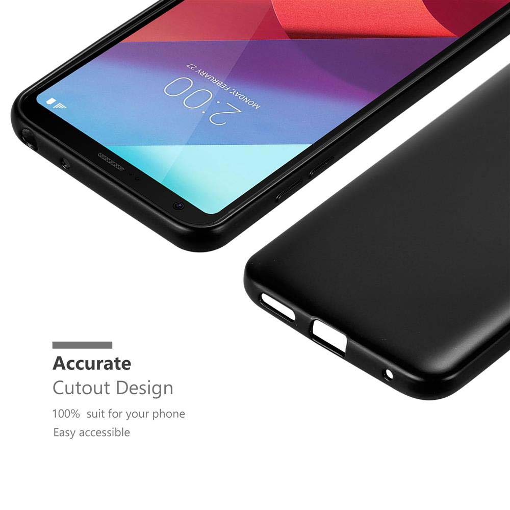 Custodia nera per telefono, design ritagliato. Schermo del telefono che mostra l'ora. Sfondo bianco.