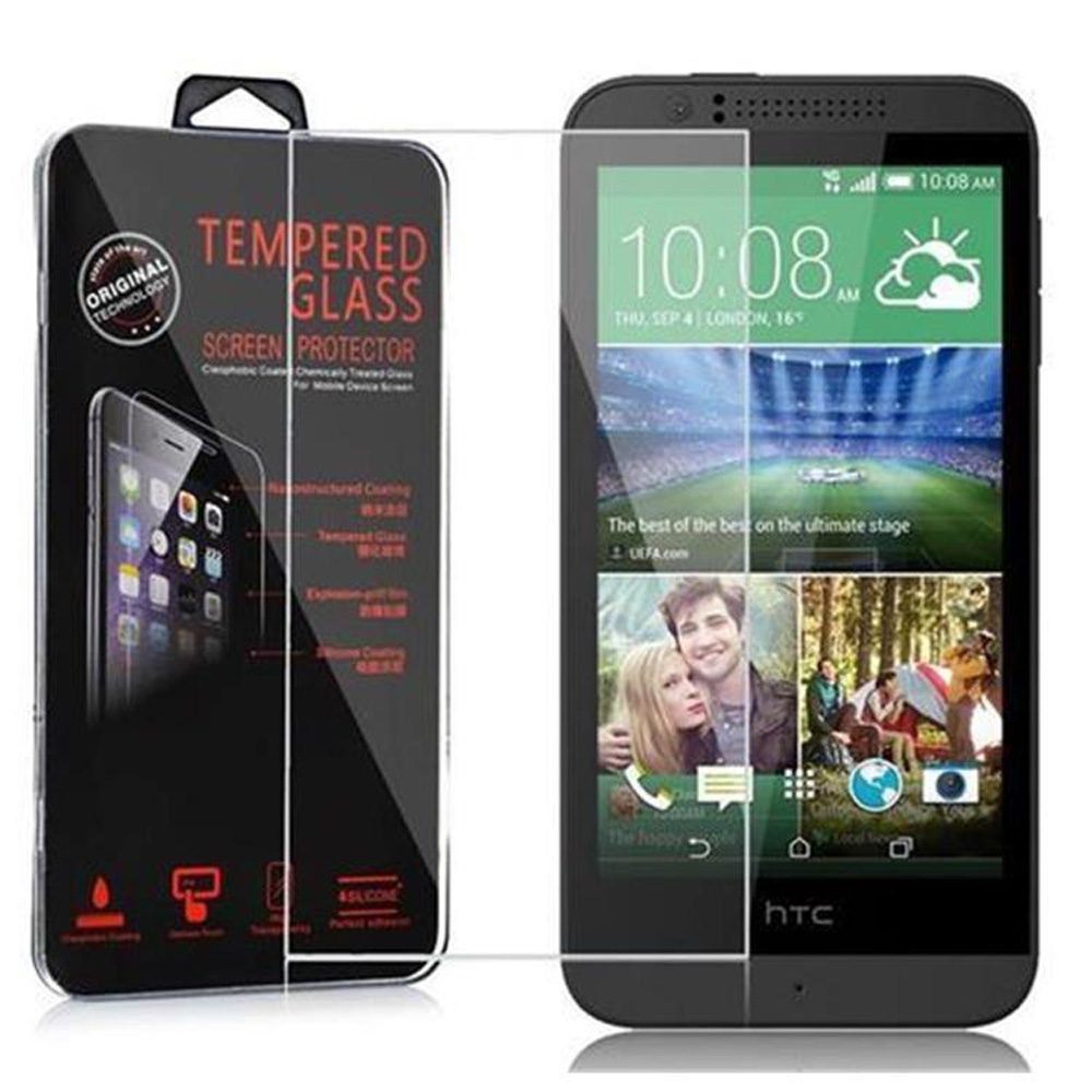 Teléfono con protector de pantalla y paquete. El teléfono muestra una imagen de una pareja en el escenario.