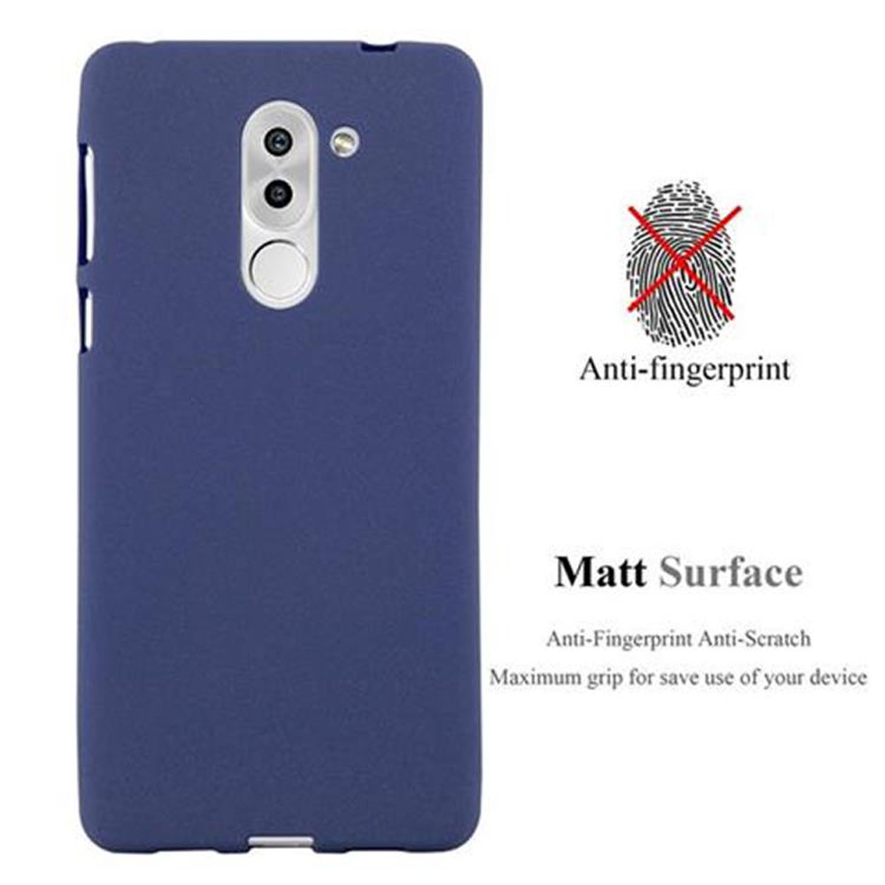 Una custodia per telefono blu con un simbolo di impronta digitale e testo sull'antimpronta e la superficie opaca.