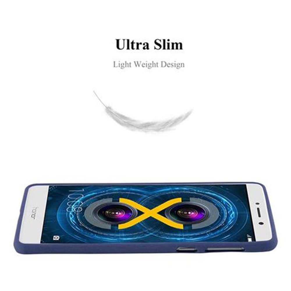Uno smartphone blu con un disegno sullo schermo. Il telefono è orizzontale. Sfondo bianco.
