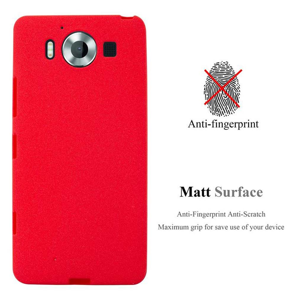Custodia rossa per telefono con fotocamera e icona impronta digitale. Testo: anti-impronte, superficie opaca.