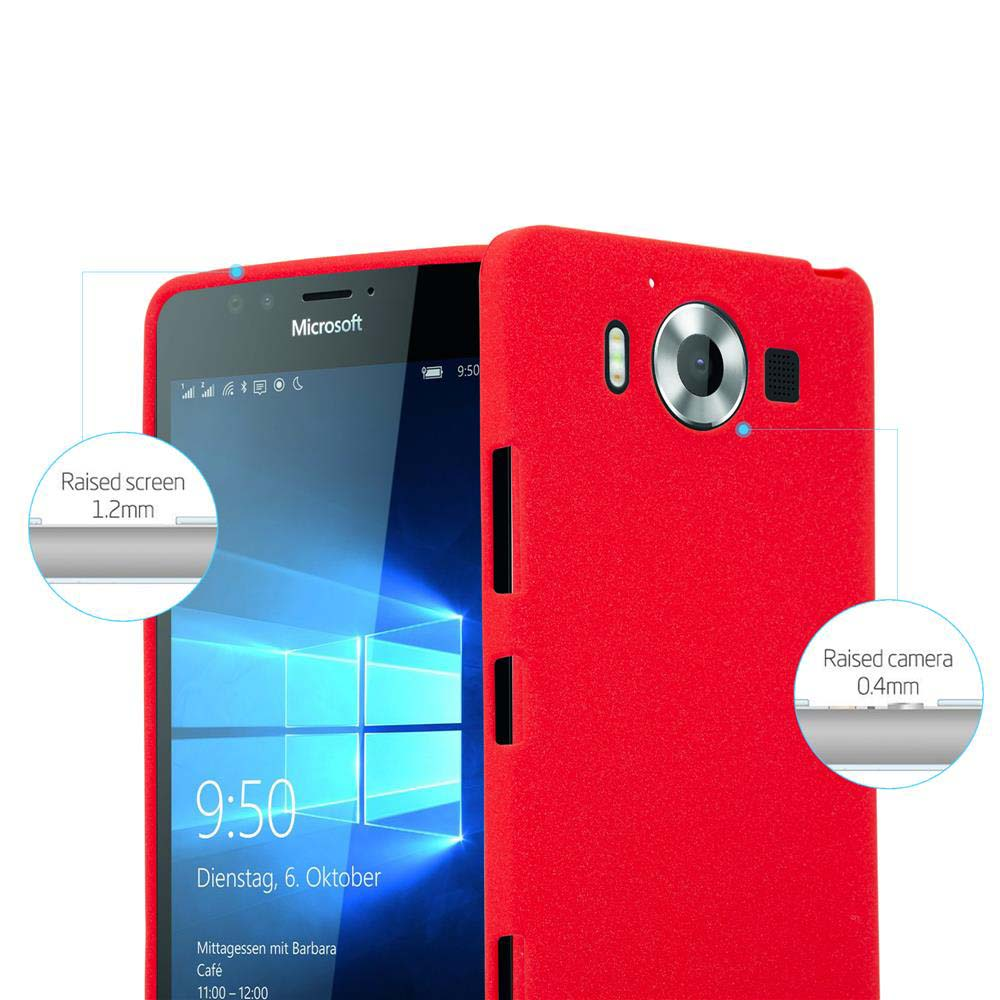 Una custodia rossa per telefono con un telefono all'interno. Testo: Schermo rialzato 1,2 mm, fotocamera rialzata 0,4 mm.
