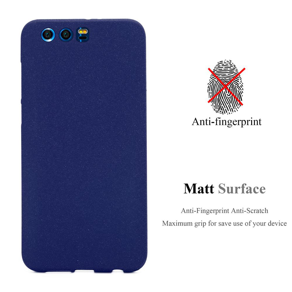 Una custodia per telefono blu con un simbolo di impronta digitale e testo sull'antimpronta e la superficie opaca.
