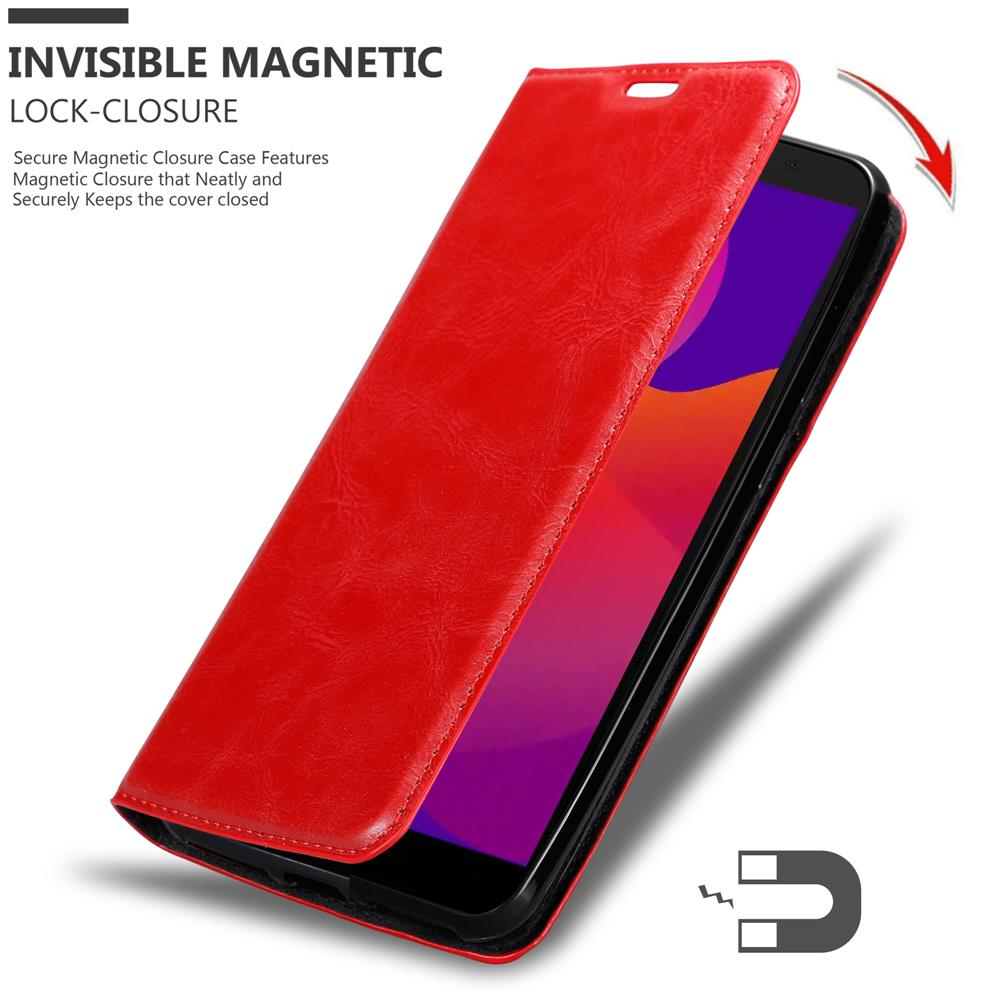 Custodia per telefono rossa con coperchio a ribalta. Testo: CHIUSURA MAGNETICA INVISIBILE. Viene mostrato un simbolo del magnete.