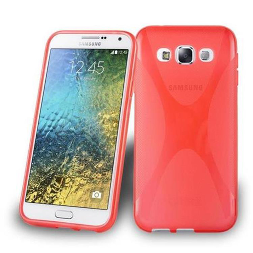 Un teléfono Samsung blanco con una funda roja está junto a otra funda roja.