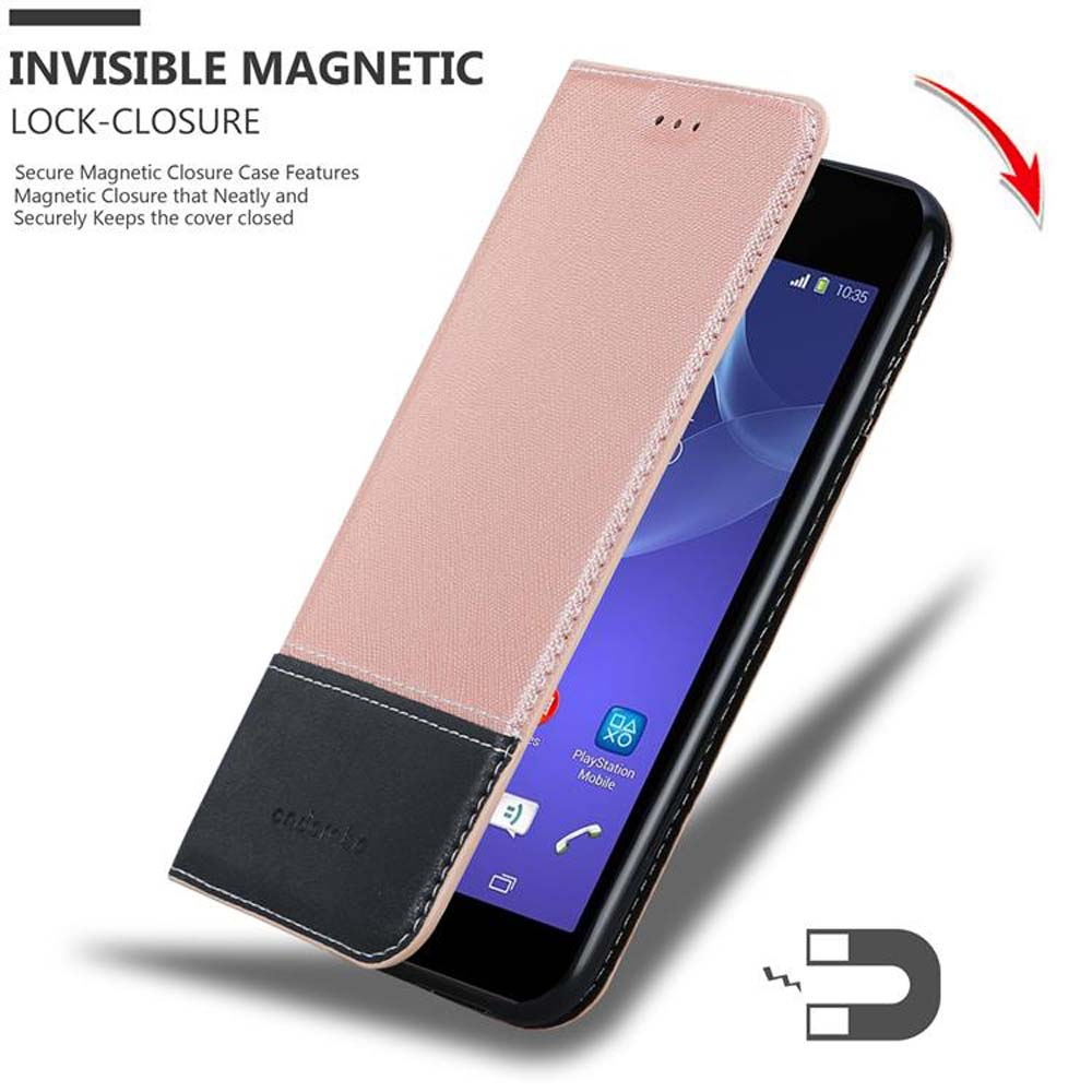Custodia per telefono rosa con parte superiore nera, telefono all'interno, su sfondo bianco, con chiusura magnetica.