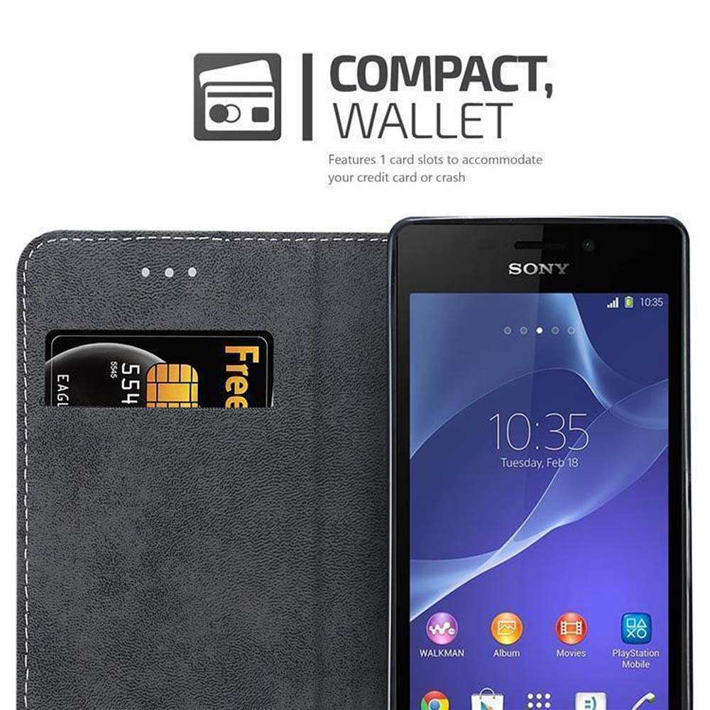 Una custodia nera per telefono con slot per schede e scheda nera. Un telefono Sony nero sulla destra.