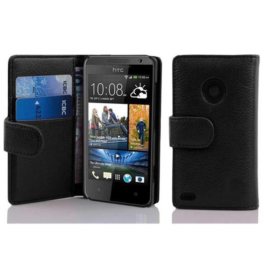 Teléfono negro en funda negra con ranuras para tarjetas. Muestra la hora y el logo HTC.