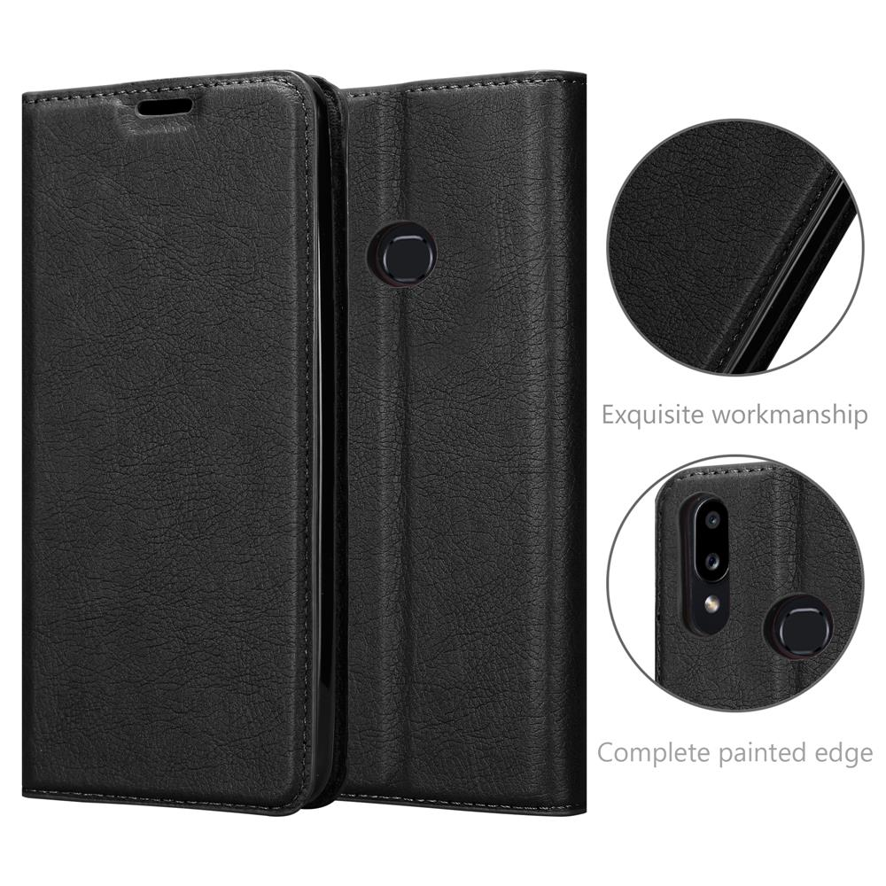 Schwarze Leder-Handyhülle, geschlossen und offen, zeigt ein Telefon. Nahaufnahmen zeigen exquisite Verarbeitung.