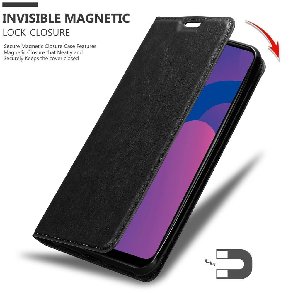 Schwarze Handyhülle, offen, Telefon sichtbar. Text: Unsichtbarer Magnetverschluss.
