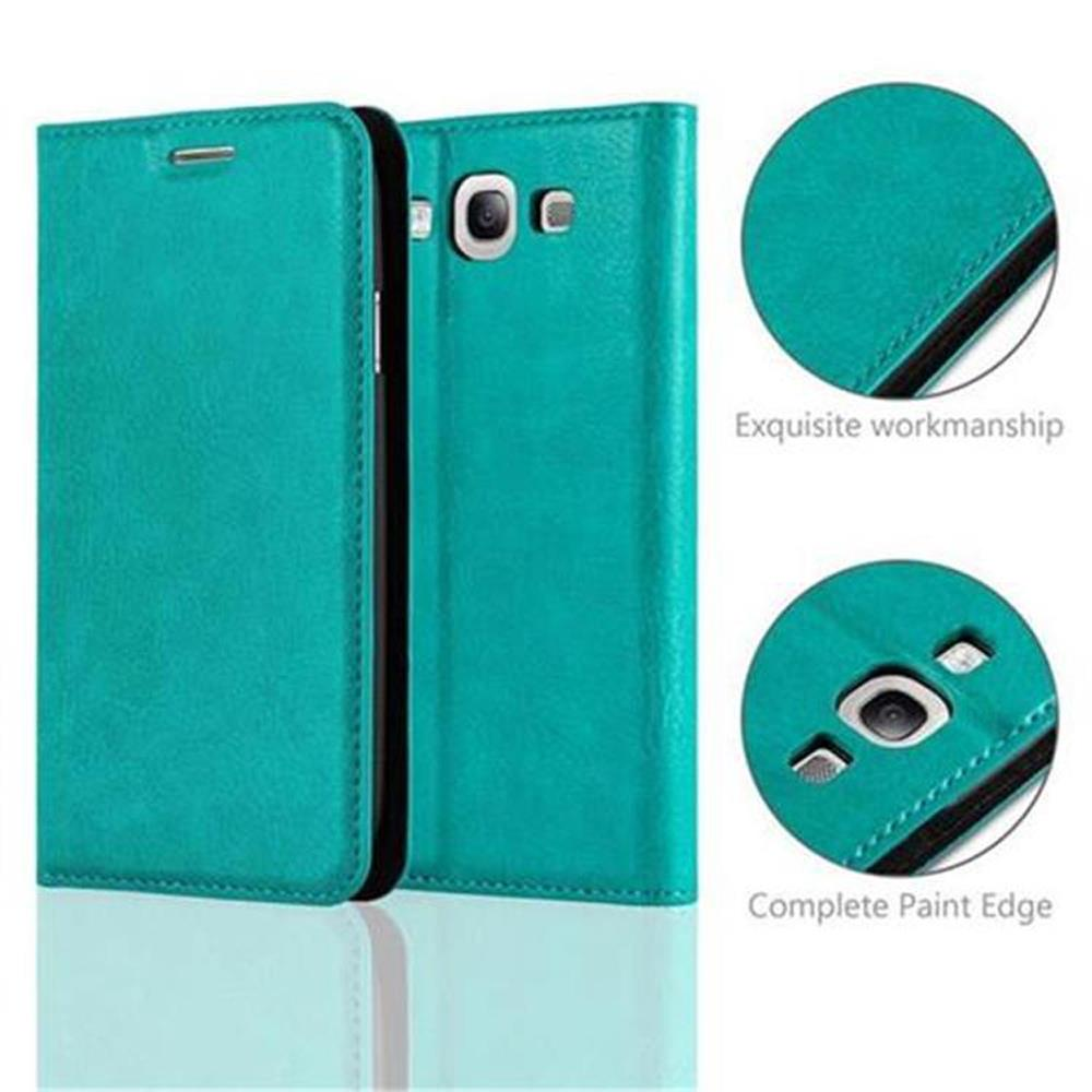 Funda de teléfono verde azulado, abierta y cerrada, con fotos detalladas que muestran las funciones del teléfono.
