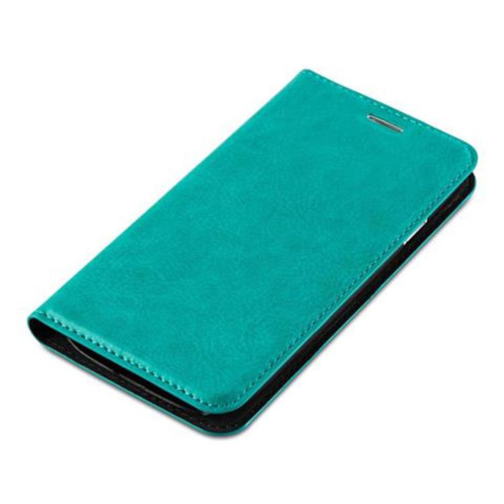 Funda para teléfono de color verde azulado. Funda cerrada. La funda tiene una apariencia texturizada.