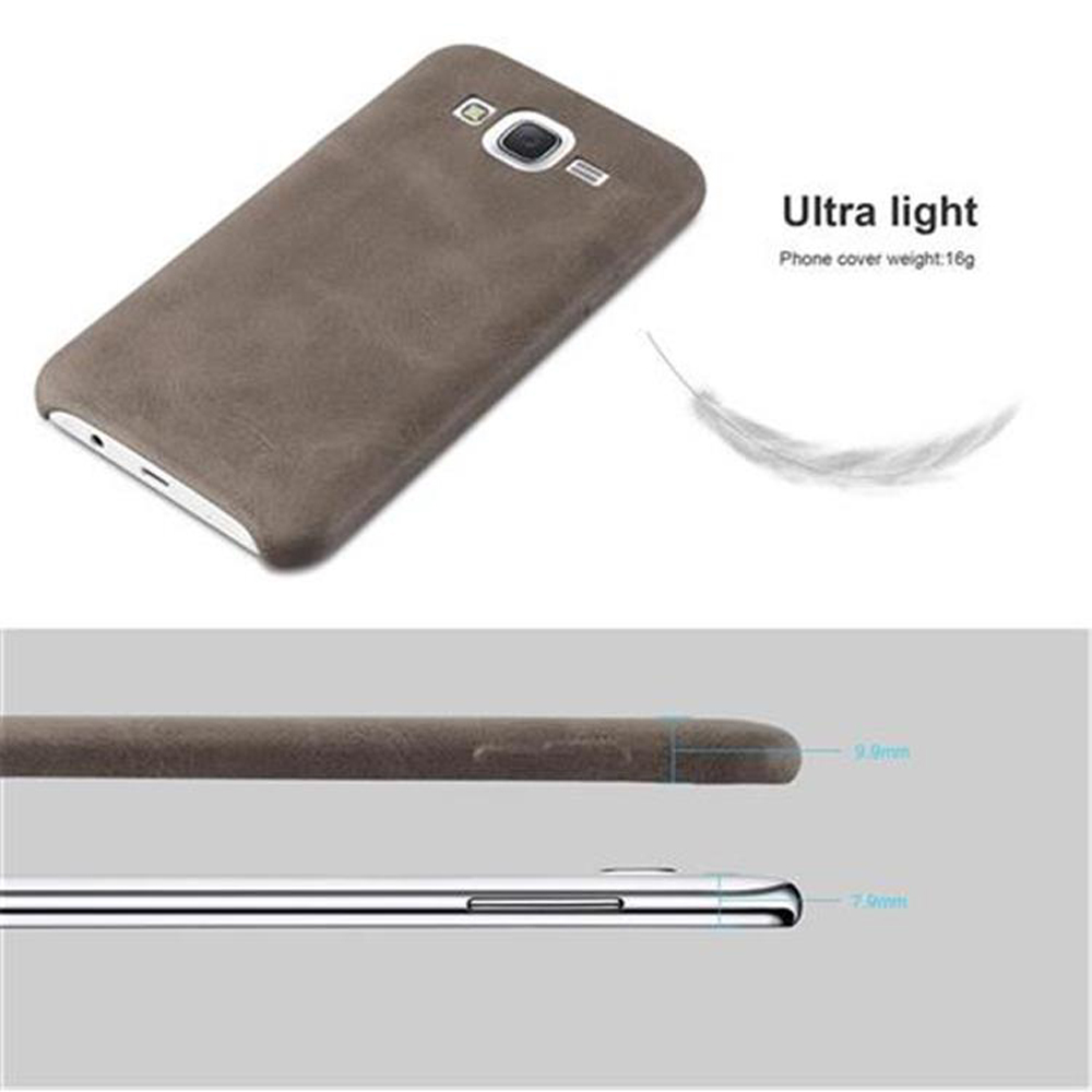 Custodia marrone per telefono, con telefono. Testo: Ultra leggero, peso della cover del telefono: 16g.