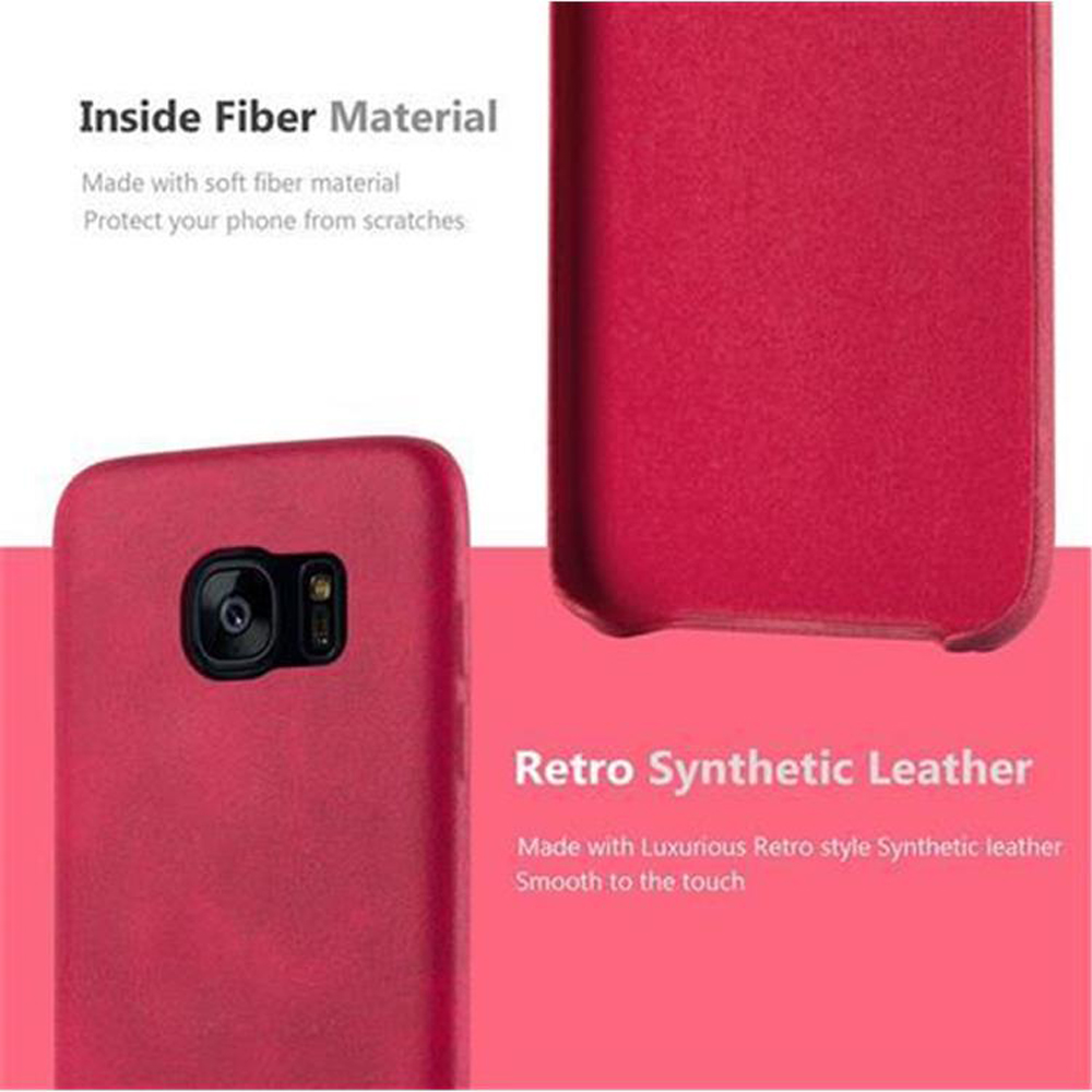 Una custodia rossa con le scritte 'Inside Fiber Material' e 'Retro Synthetic Leather'.