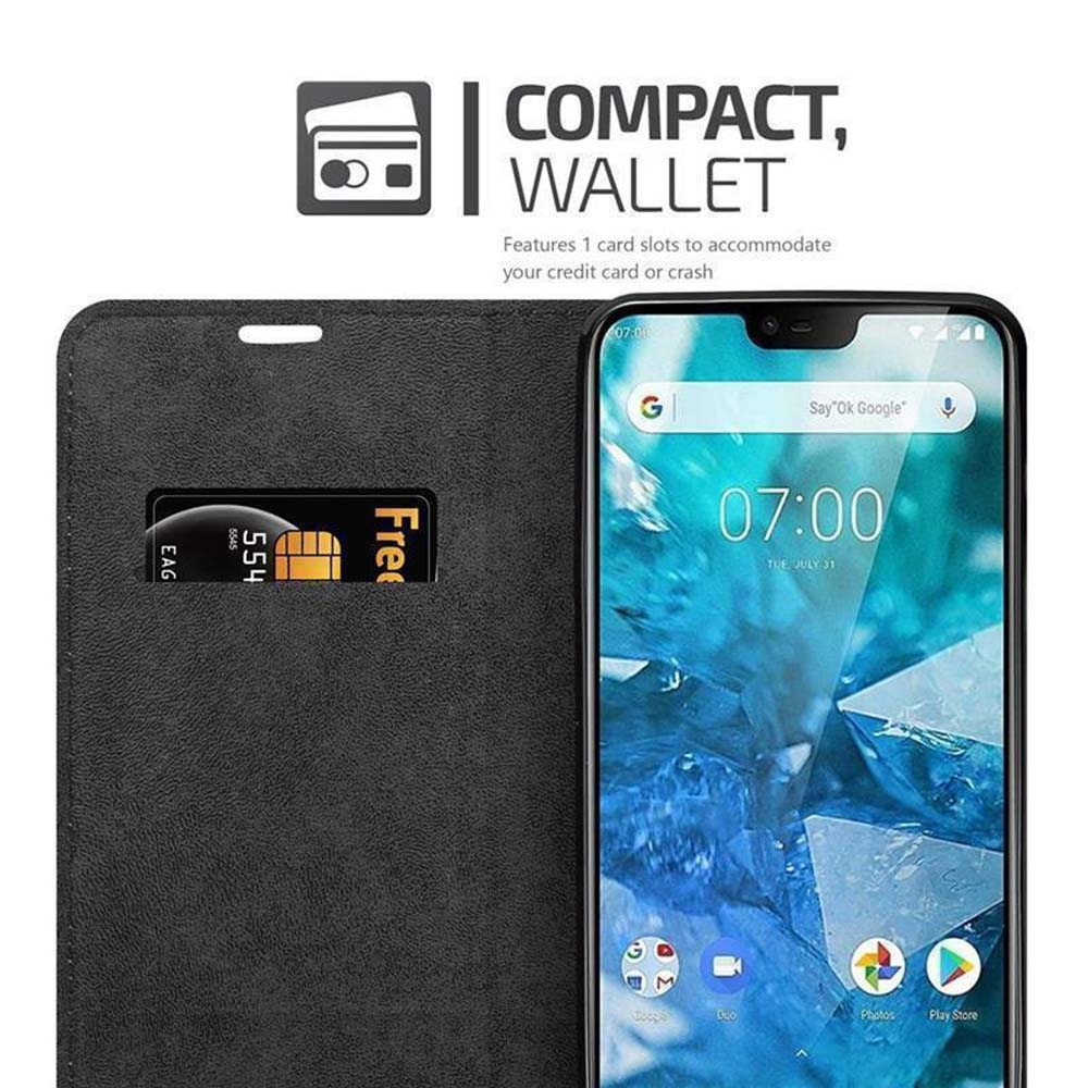 Telefono nero in una custodia a portafoglio con fessura per carta di credito. Lo schermo mostra l'ora e Google.