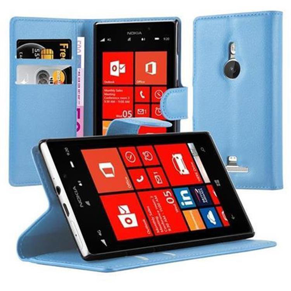 Custodia blu con telefono all'interno, aperta e chiusa. Il telefono è nero e ha tessere rosse.