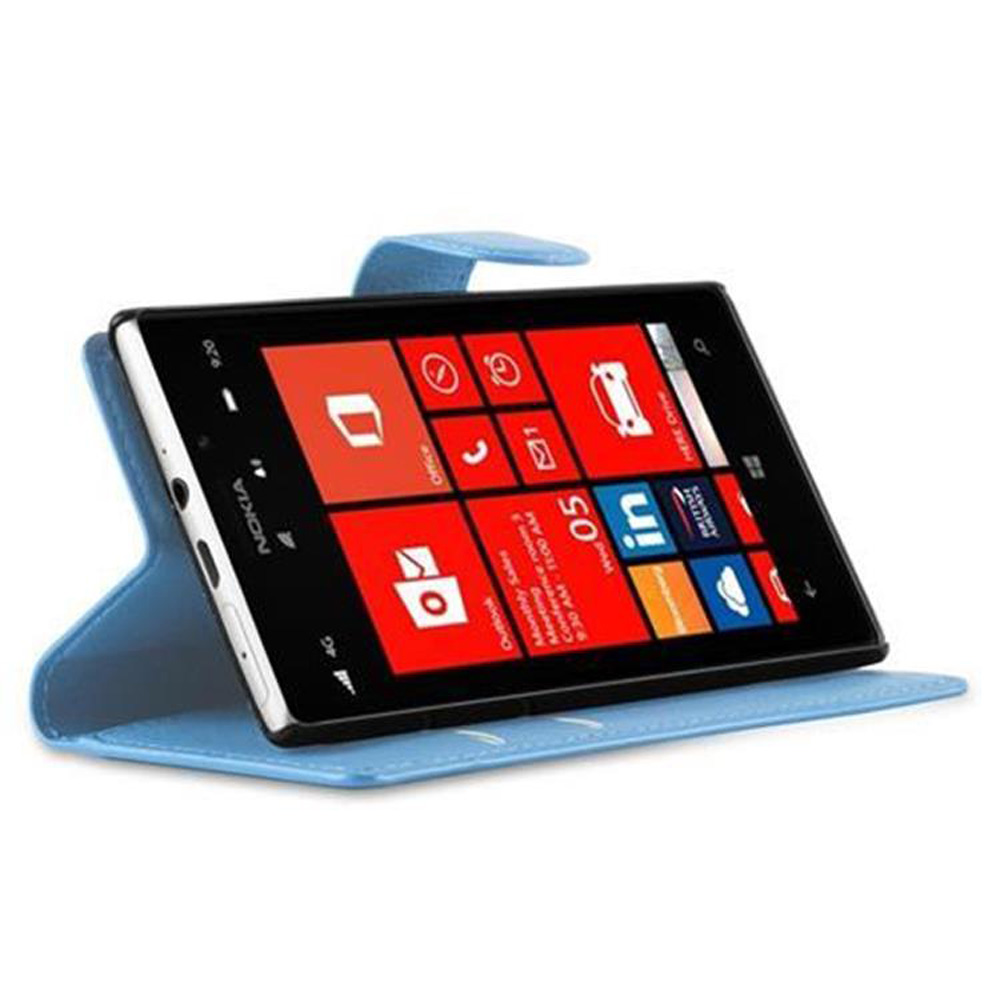 Smartphone nero in custodia blu, schermo con interfaccia a riquadri rossi.