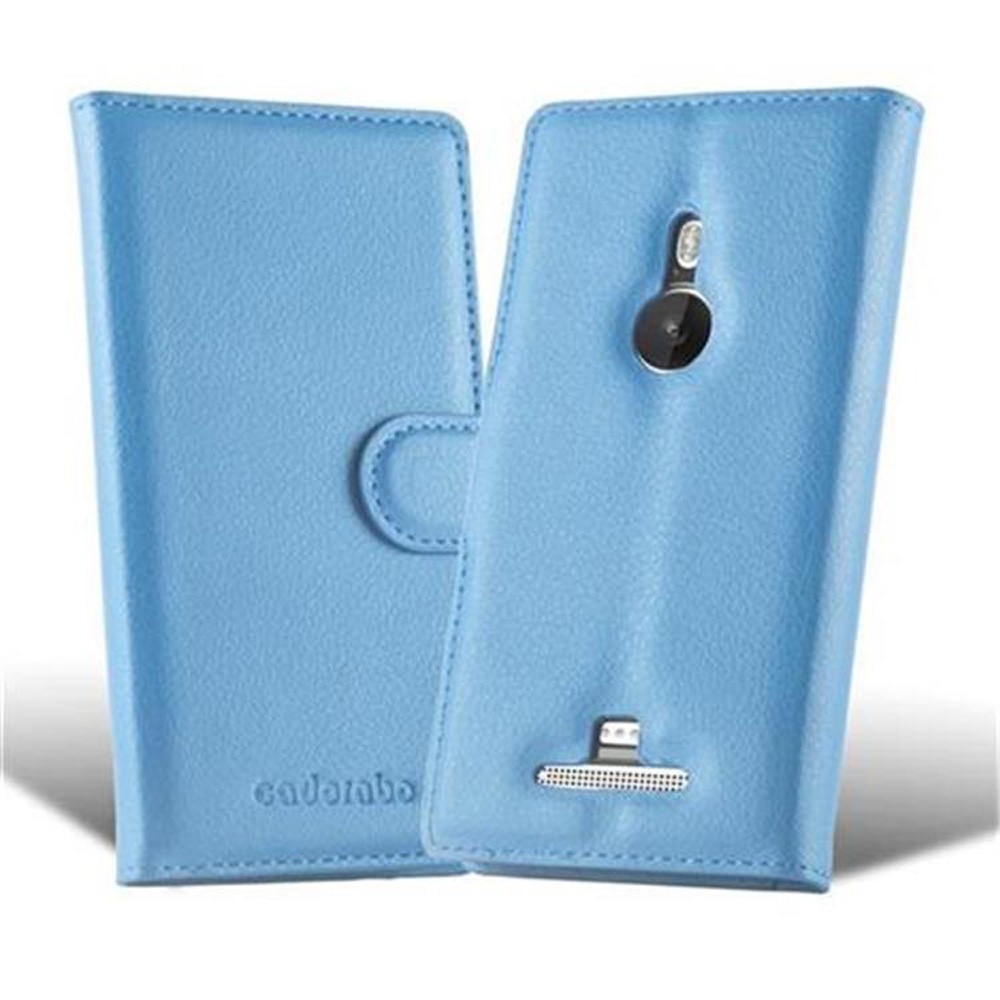 Custodia per telefono azzurra aperta, con supporto. Logo Cadorabo sul davanti.