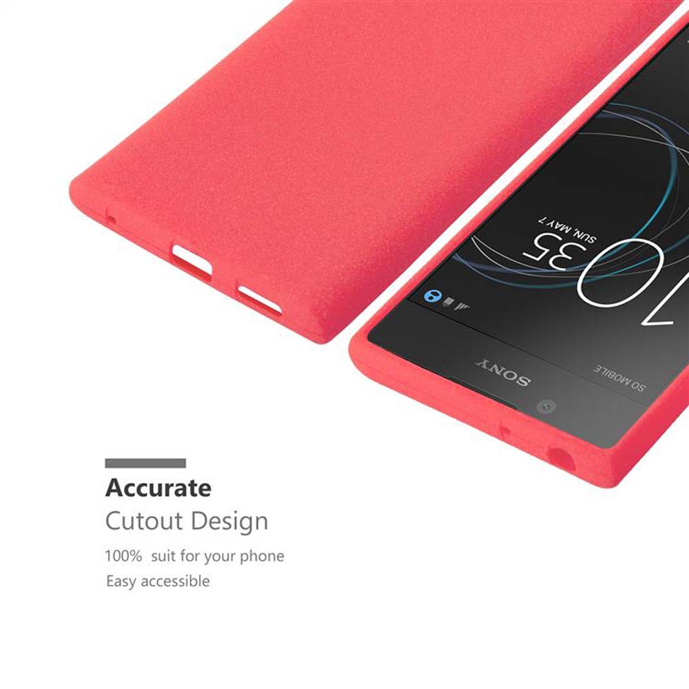 Telefono e custodia rossi. Testo: Design con ritagli precisi. Adatto al tuo telefono.