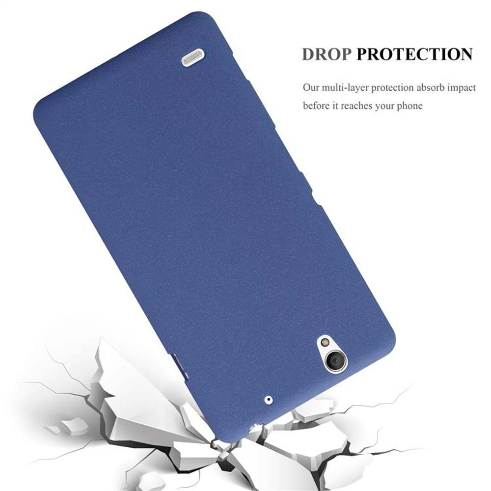 Custodia blu per telefono con superficie rotta sotto. Testo: 'DROP PROTECTION'.