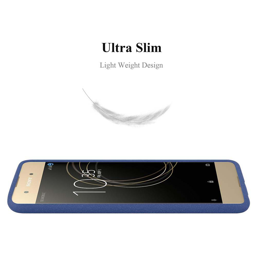 Telefono nero in custodia blu. Il testo in alto recita Ultra Slim. Una piuma fluttua sopra.