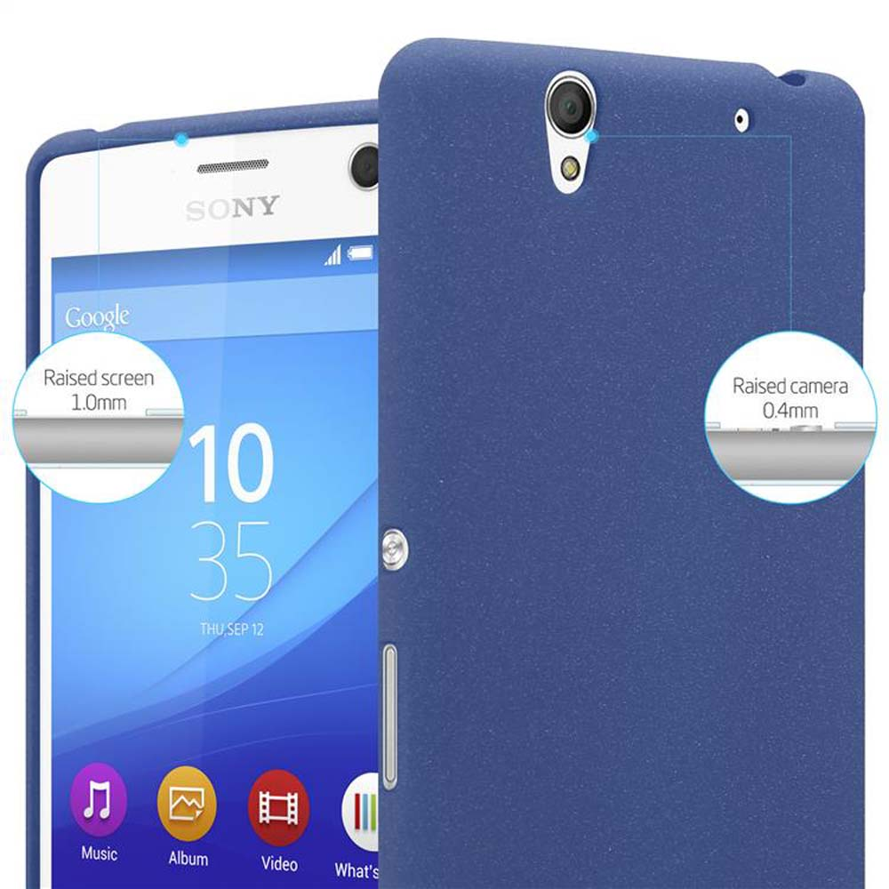 Un primo piano di un telefono blu che mostra lo schermo e la cover posteriore con fotocamera e schermo rialzati.