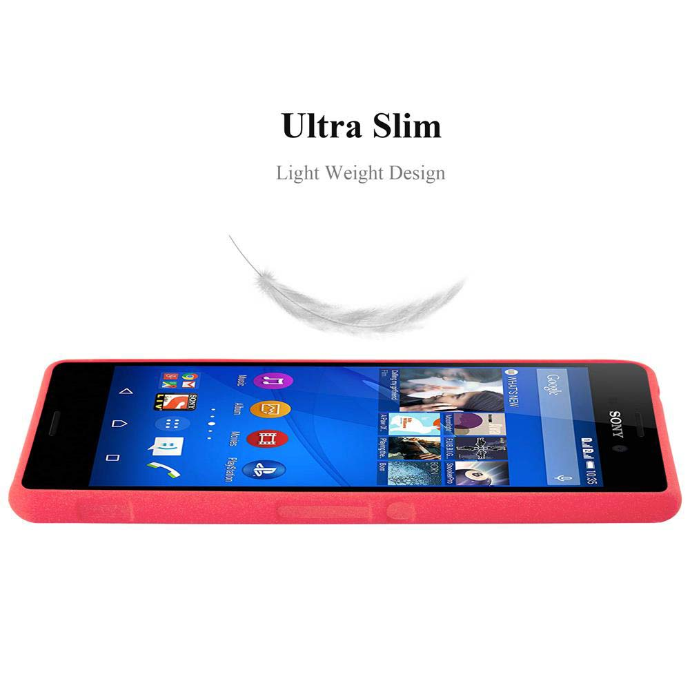 Una funda roja y un teléfono, con una pluma flotando arriba.