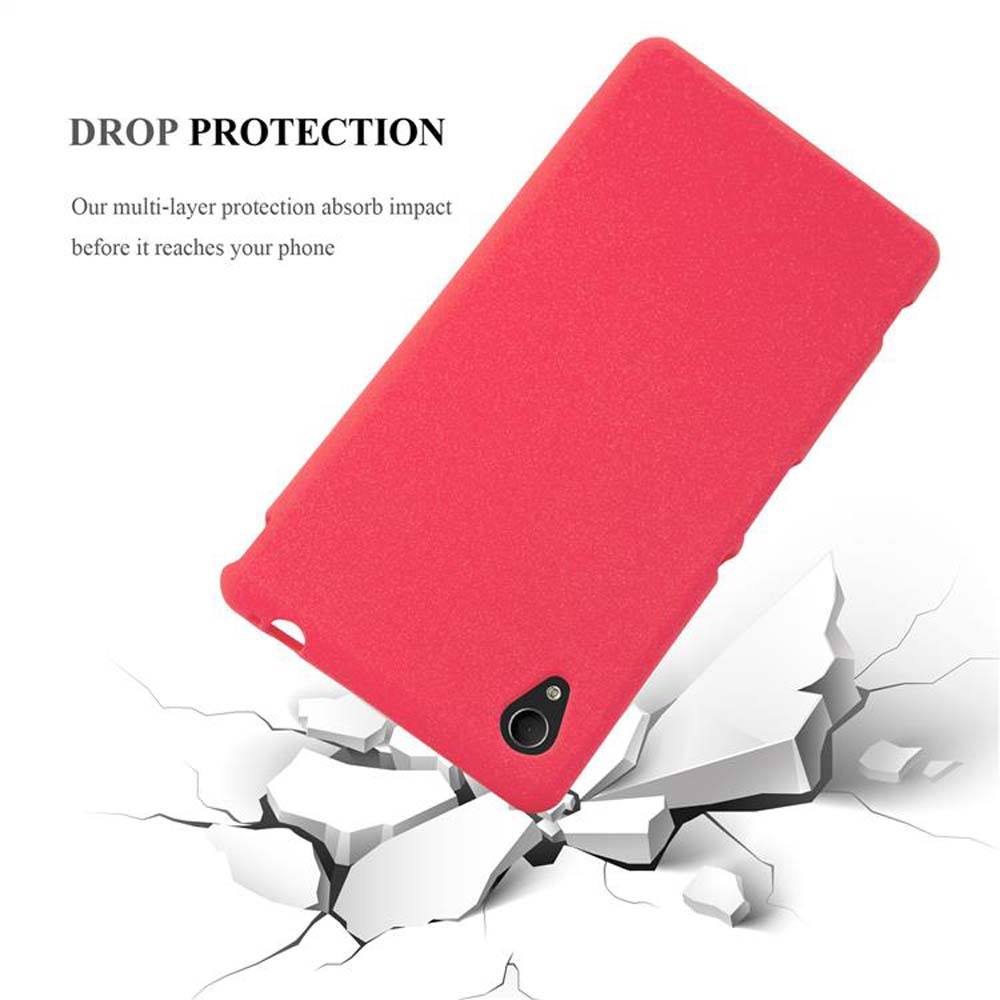 Funda roja para teléfono que rompe una superficie blanca con protección contra caídas.