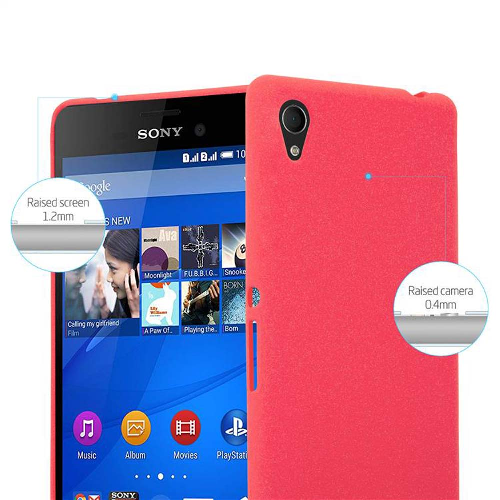 Funda roja y teléfono. El teléfono muestra aplicaciones y tiene una cámara elevada.