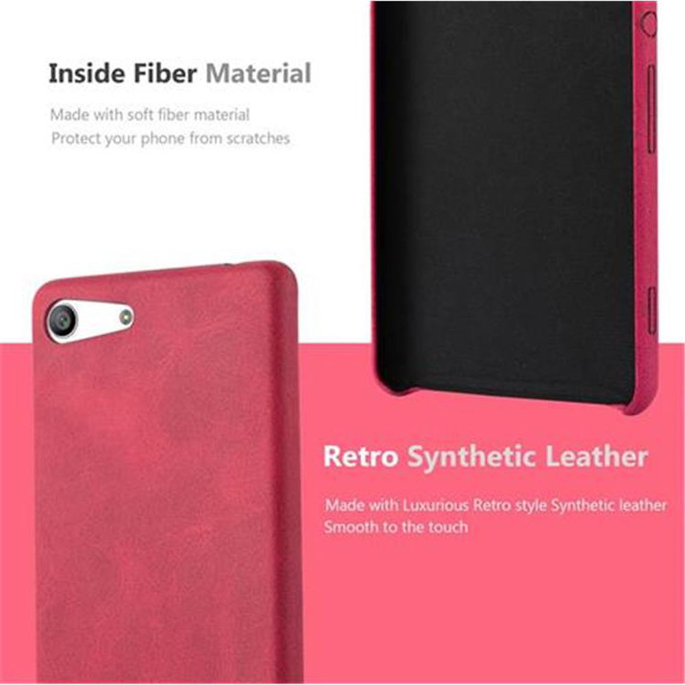 Una funda roja con las palabras 'Inside Fiber Material' y 'Retro Synthetic Leather'.